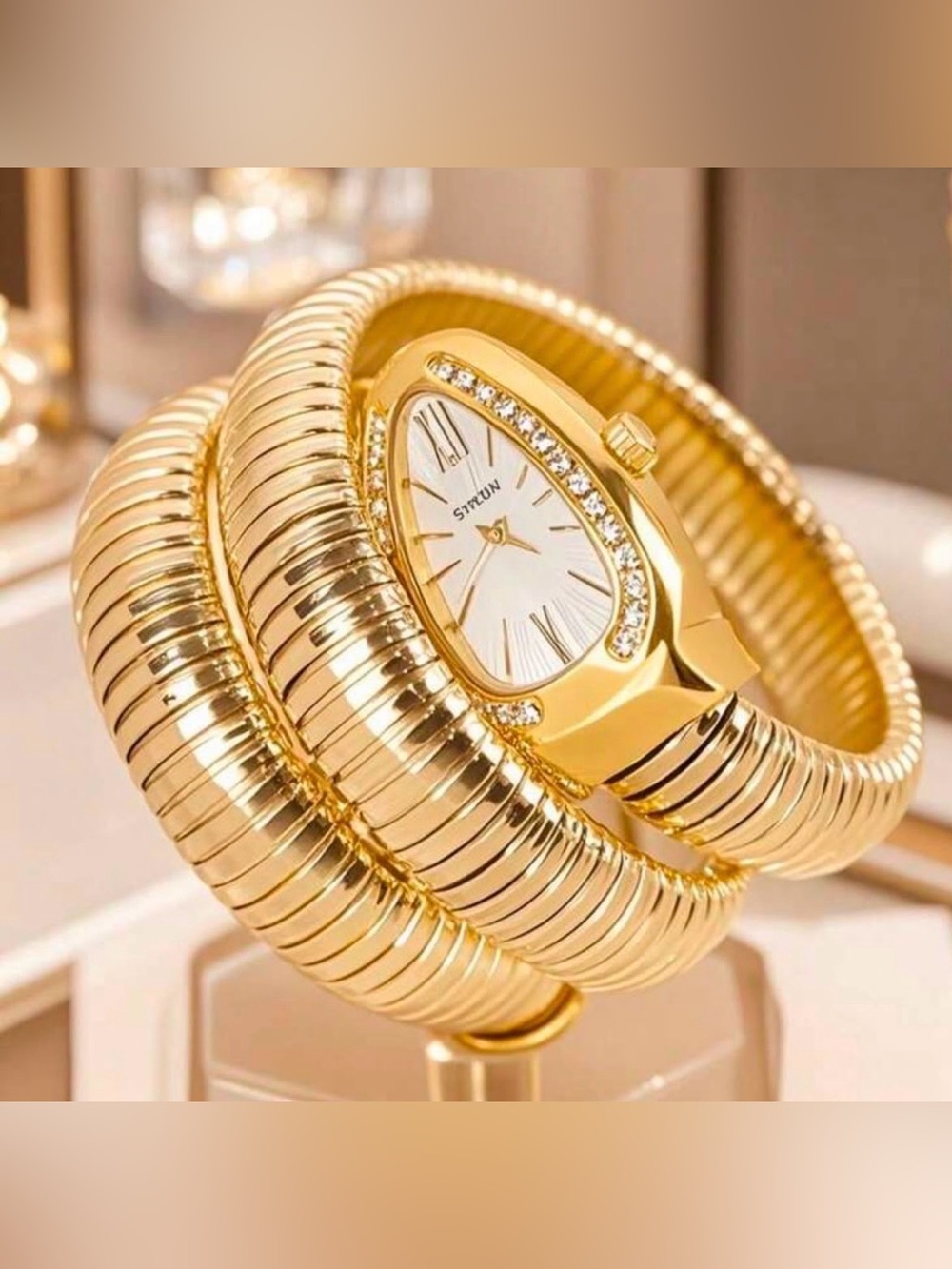 SİTRUN Gold Coil Bracelet Watch with Crystal Accents/ Luxury Wrap Bracelet Watch